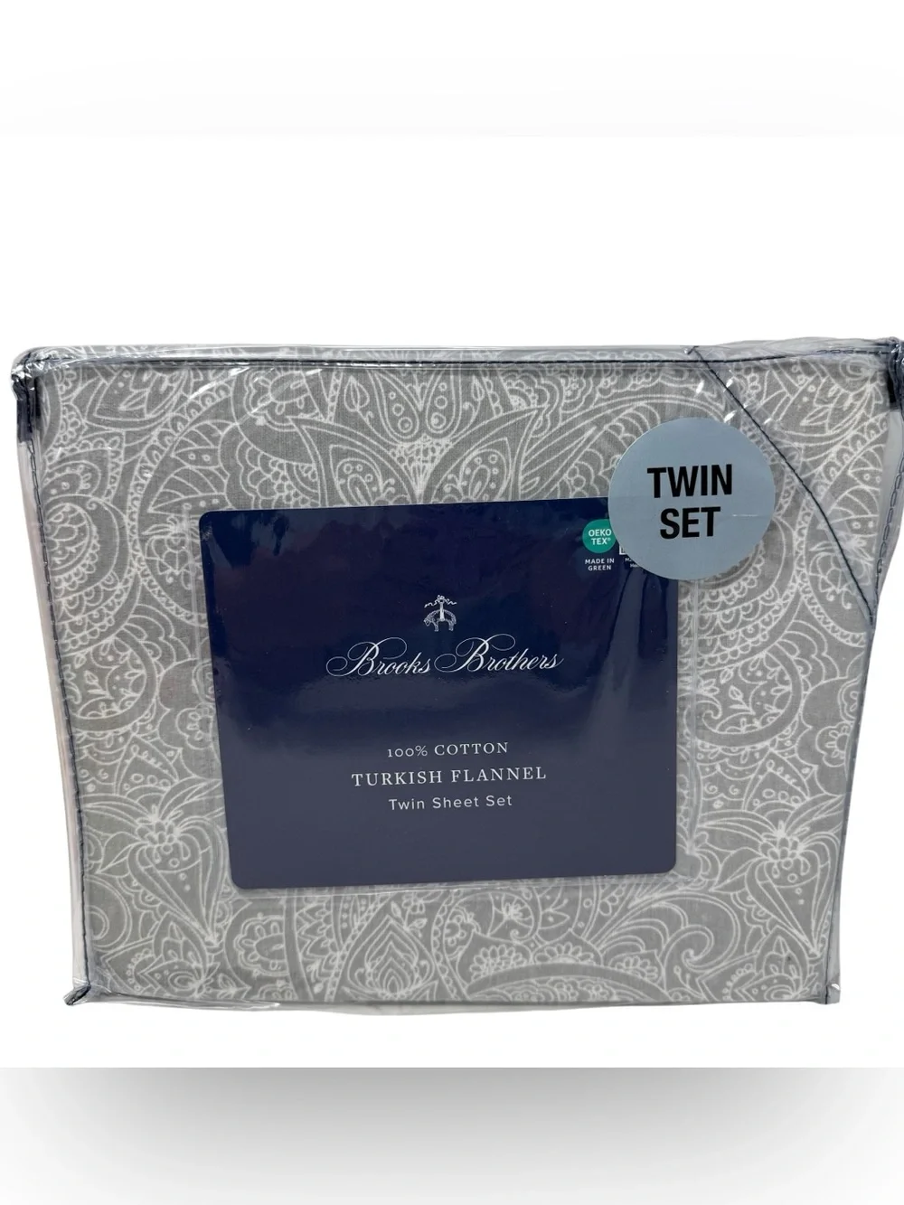 Brooks Brothers Twin Sheet set 100% Turkish Flannel Gray Paisley NWT